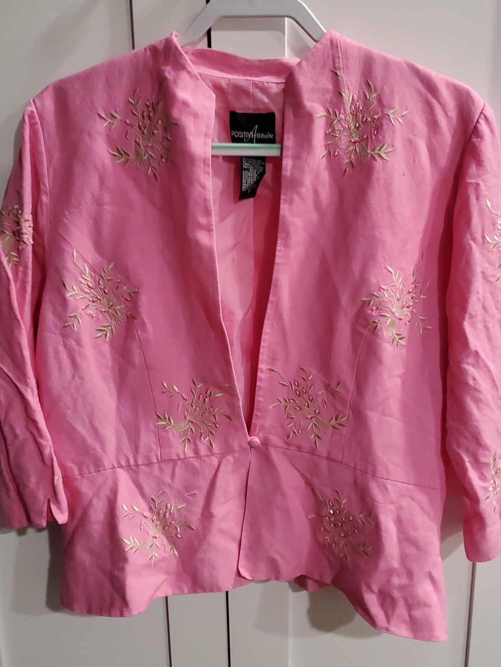 Positive Attitude Pink Embroidered Open Front Jacket 55%linen